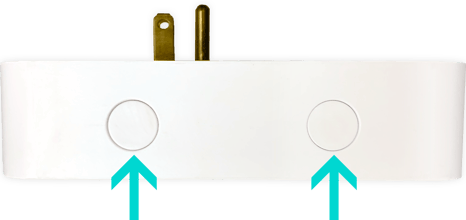 A side view of the Smart Outlet² with arrows pointing out the two round control buttons
