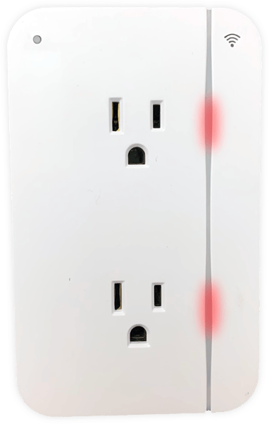 A front view of the Smart Outlet² showing red outlet indicator LEDs