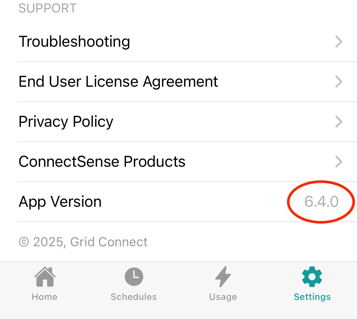 A Settings page displays support options for the ConnectSense app. The App Version, circled here in red for emphasis, appears at the bottom of this list. The version of this app show as 6.4.0.