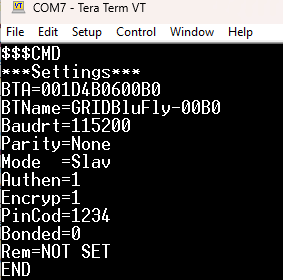 Tera Term showing output of D command with current GRIDBluFly settings including baud rate