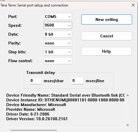 Tera Term serial port setup showing 8N1 no flow control